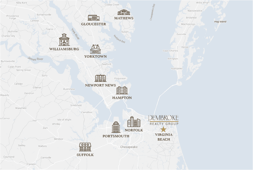 Map of Hampton Roads marking Pembroke Realty Group service areas in Virginia Beach, Norfolk, Portsmouth, Suffolk, Hampton, Newport News, Yorktown, Williamsburg, Gloucester, and Mathews.