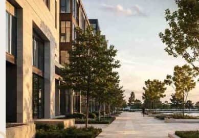 Commercial building plaza at dusk